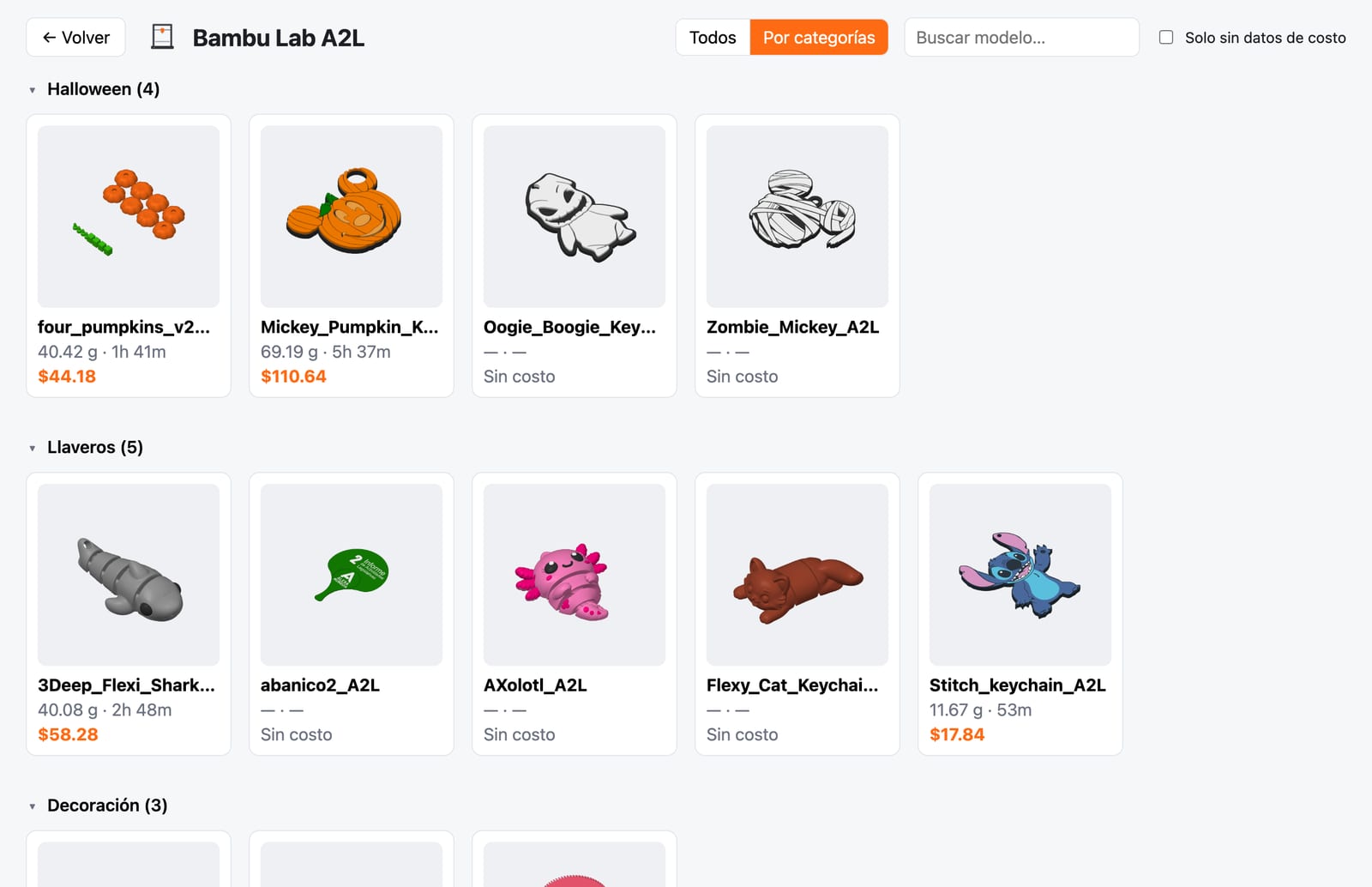 Catálogo por categorías con el precio de venta en naranja debajo de cada modelo que ya tiene material asignado