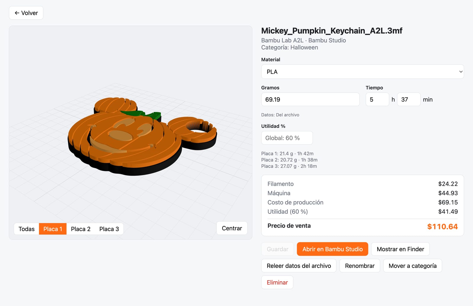 Ficha de un llavero de calabaza con orejas de ratón: visor 3D a color, selector de placas y desglose de costo con precio de venta de 110.64 pesos